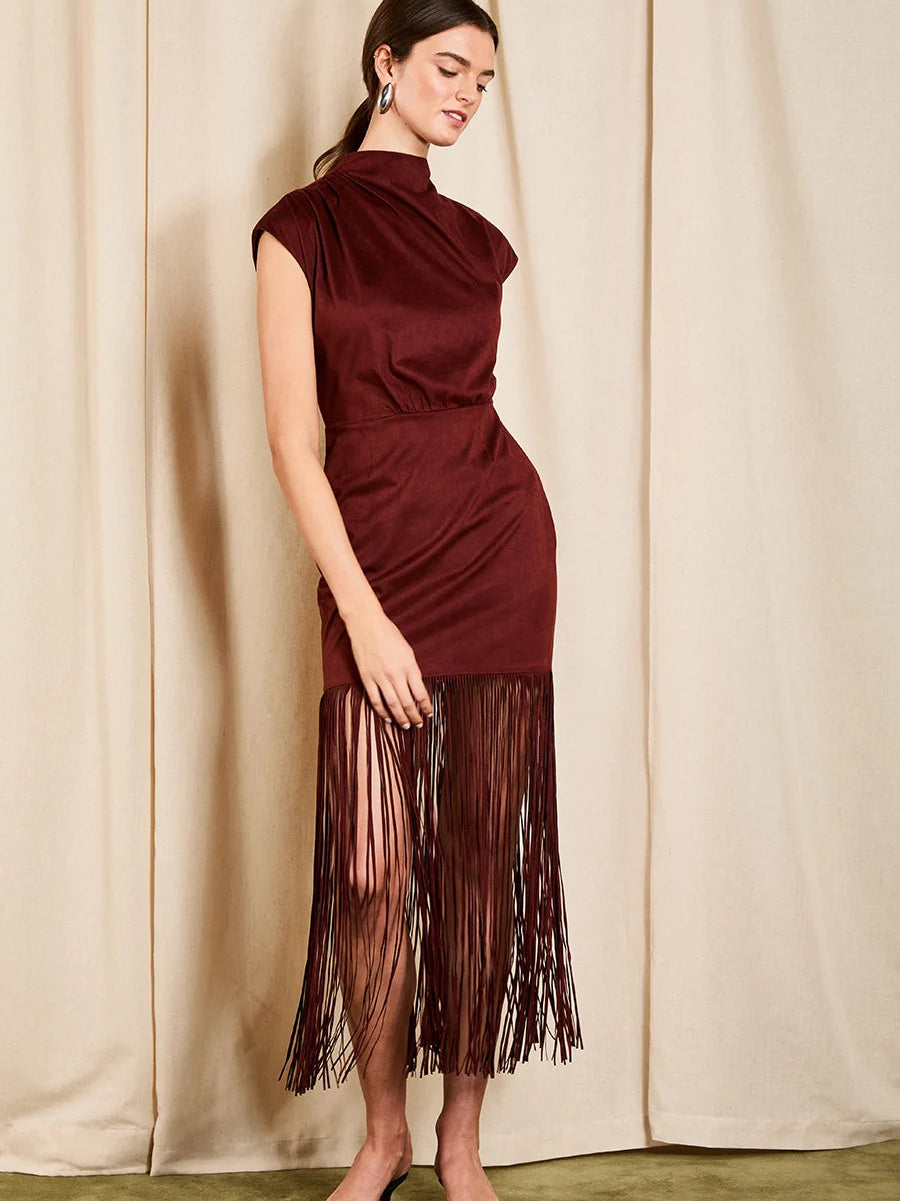 suede midi dress Liam Faux Maxi / Dark Chocolate | MESHKI this regular fit dress combines comfort and style effortlessly Ross suede wrap midi dress