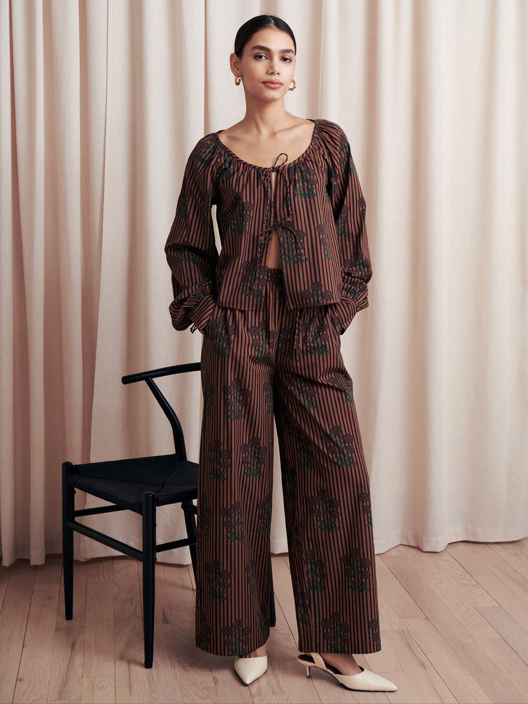 Tai Fall Stripe Floral Block Print Top