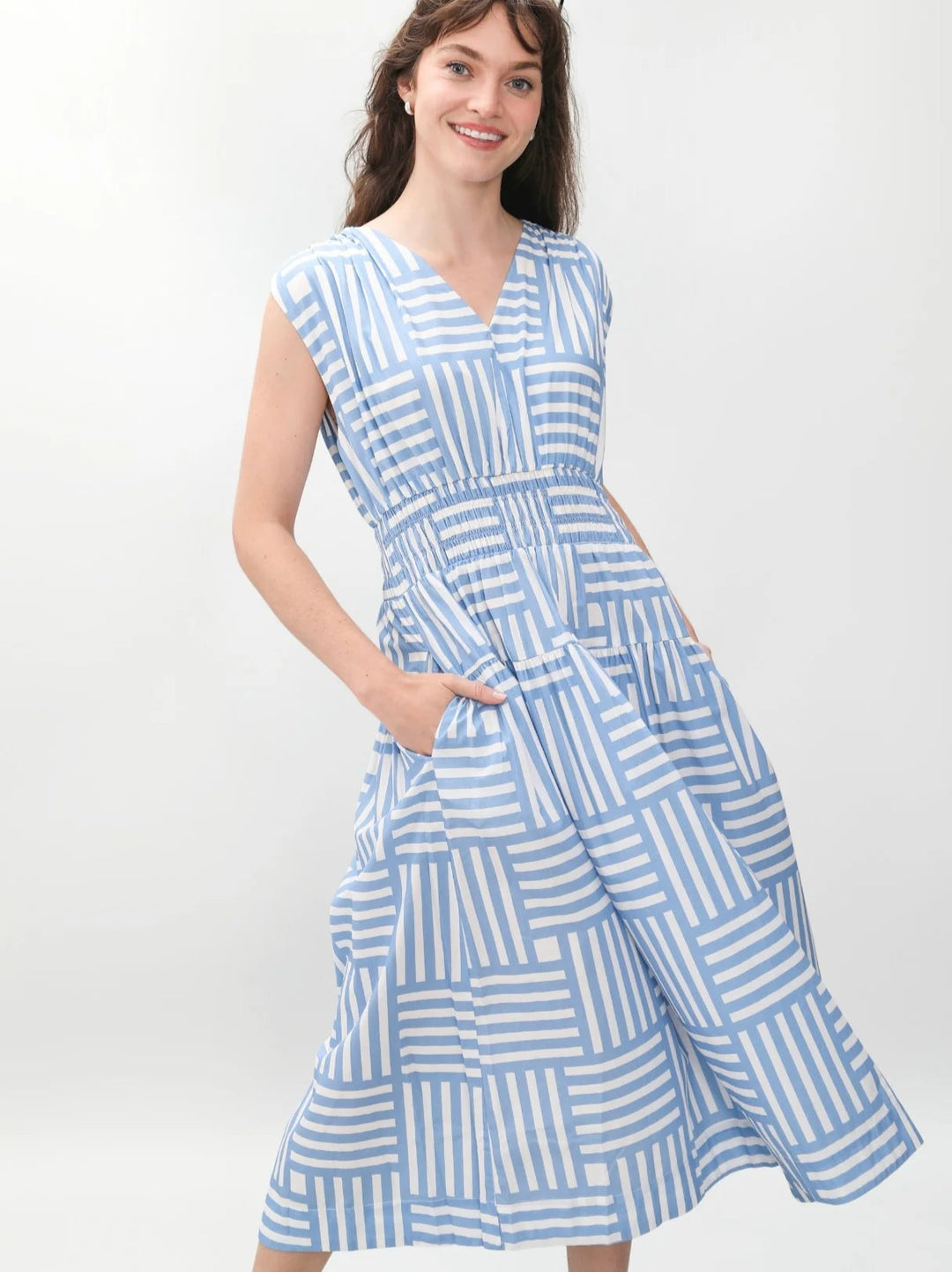 The Eva Dress in Blue Geo Stripe