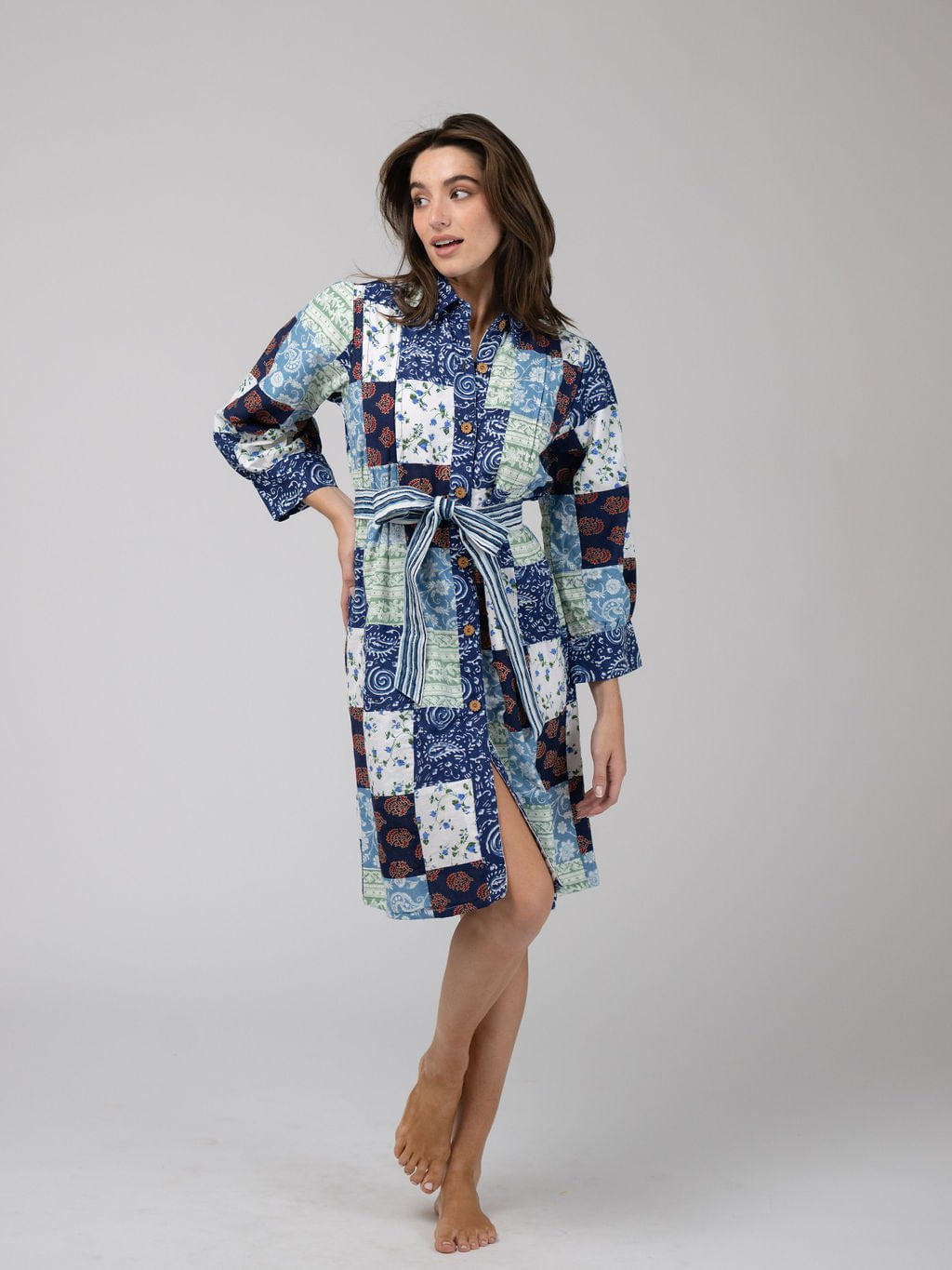 Beau & Ro Dress Quilted Midi Shirt Dress in Blue Squares