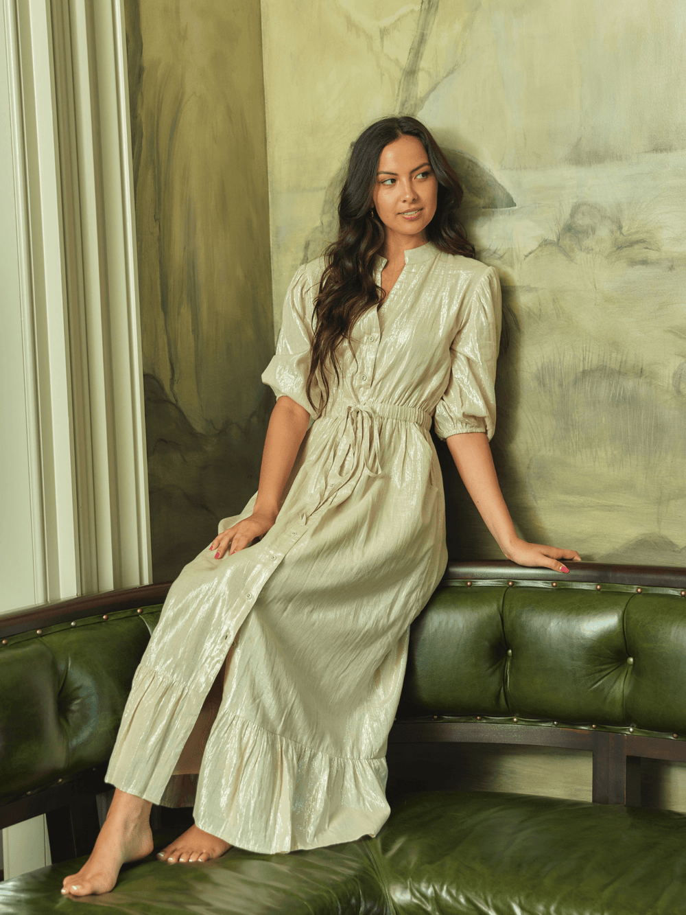 Beau & Ro Dress The Lily Midi Dress | Beige Lurex