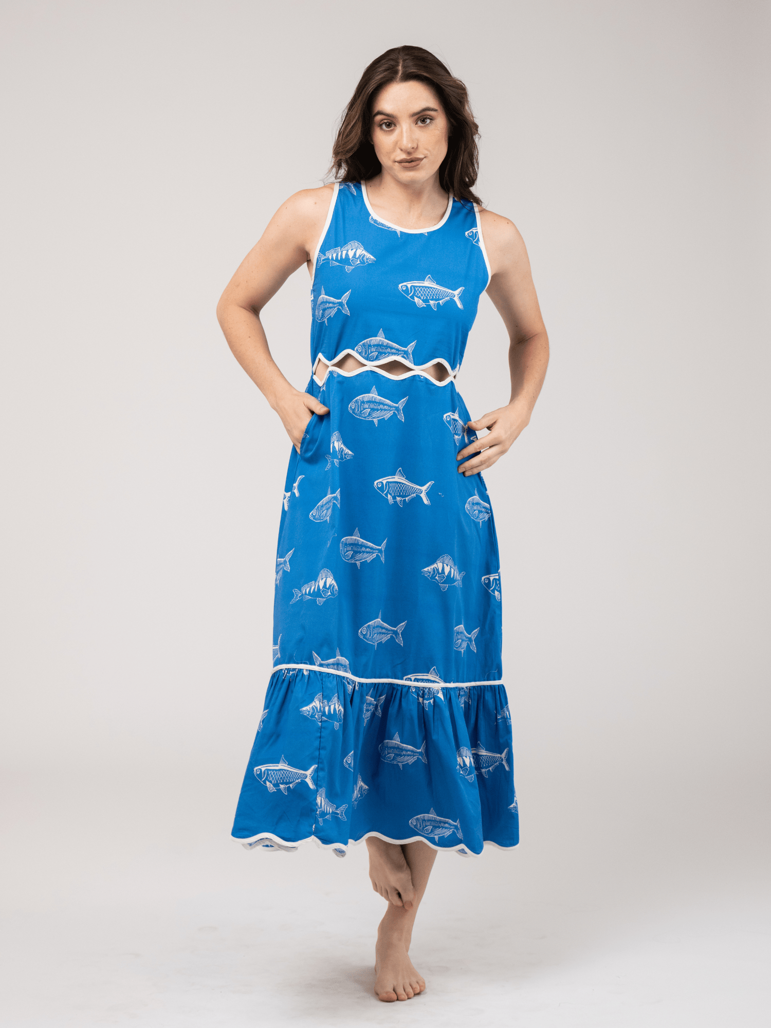 blue fish dress 7221 Lucky Linen Dress Jade-P