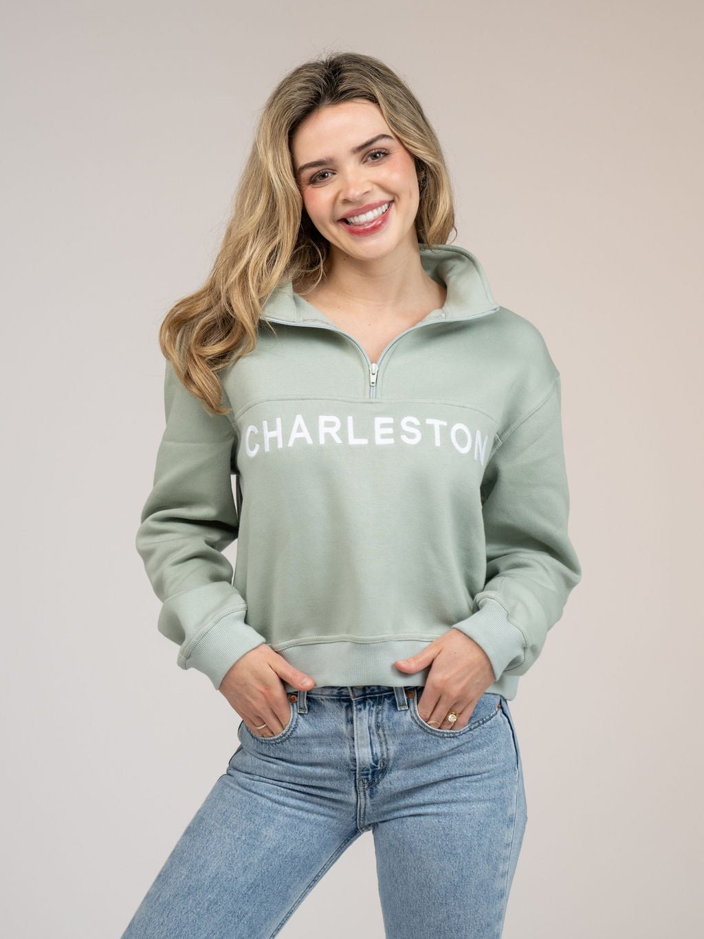 Beau & Ro Sweater Charleston Half Zip Sweatshirt in Green