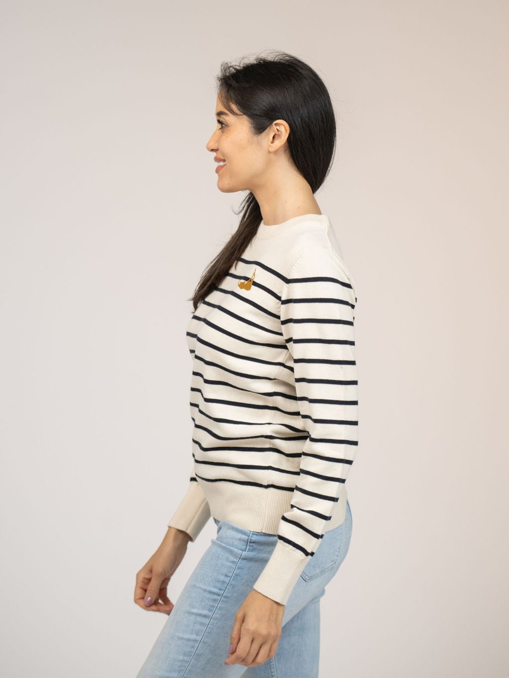 Beau & Ro Sweater Ivory Striped Sweater with Nantucket Island Embroidery