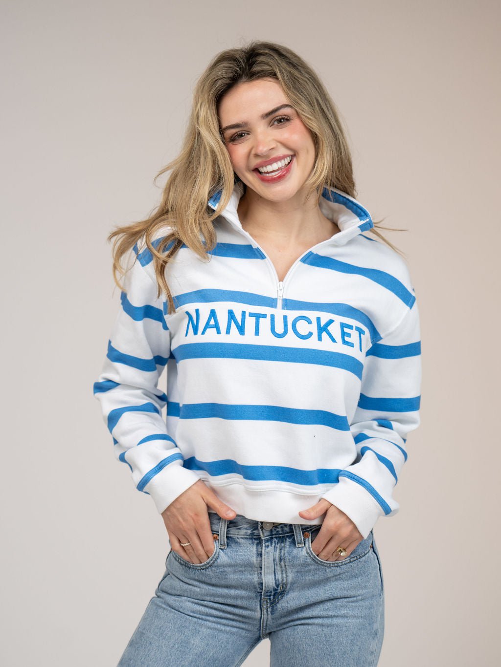 Nantucket Half Zip Sweatshirt in Blue Stripes – Beau u0026 Ro