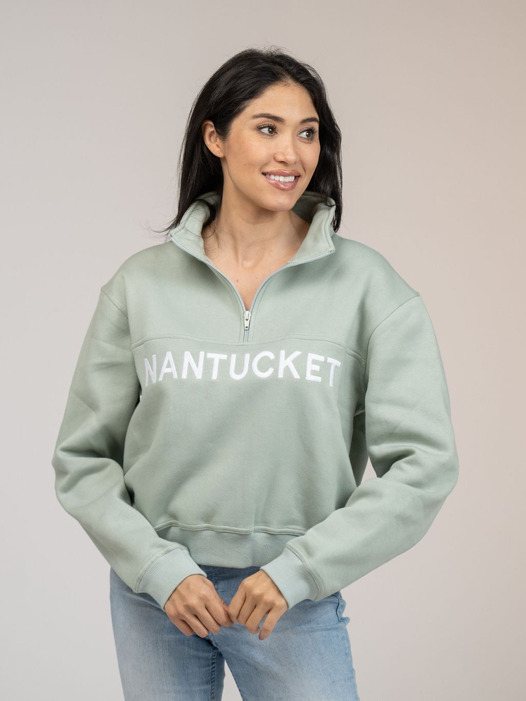 Beau & Ro Sweater Nantucket Half Zip Sweatshirt in Green