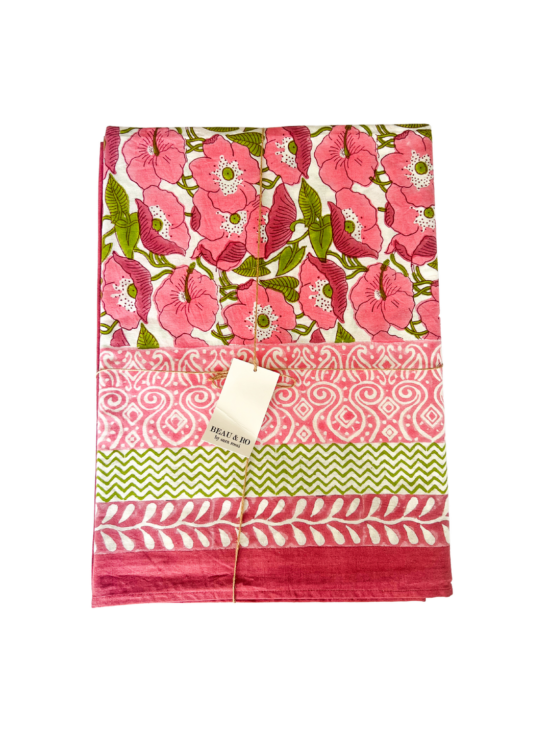 Beau & Ro Tablecloth Pink & Green Blockprint Tablecloth