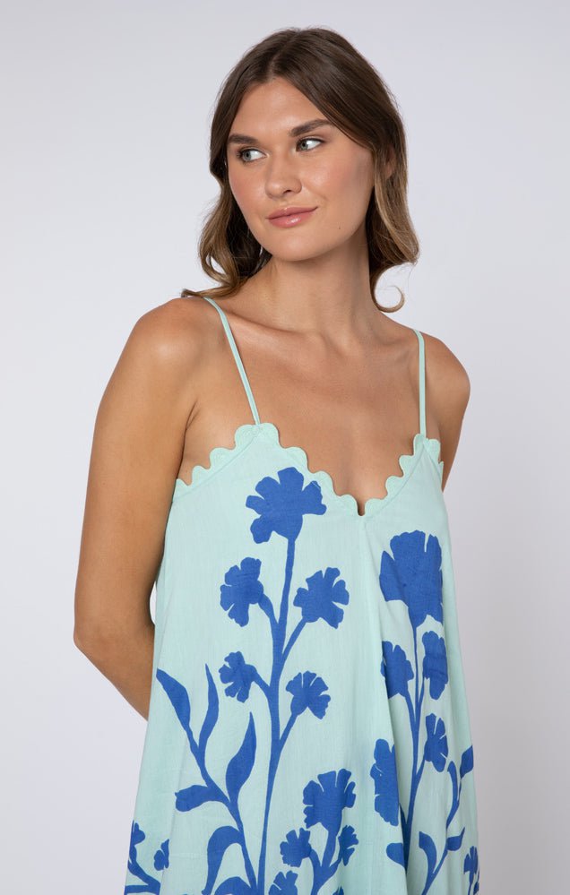Juliet Dunn Dress Aqua / Blue Midi Dress w/ Majorelle Print and Trim