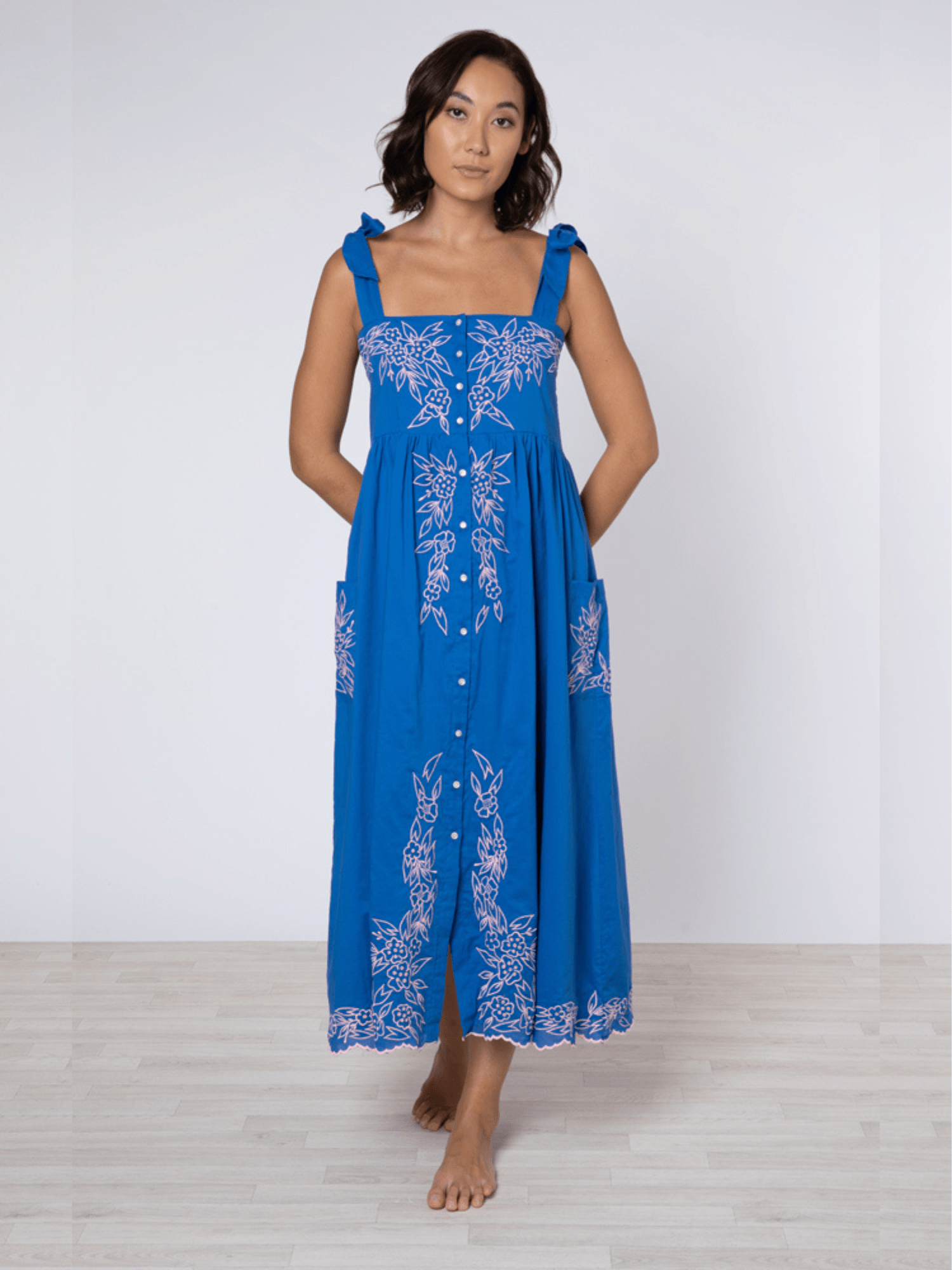 Royal Blue / Candy Tie Shoulder Dress w/ Flower Embroidery – Beau & Ro Royal Blue / Candy Tie Shoulder Dress w/ Flower Embroidery – Beau & Ro