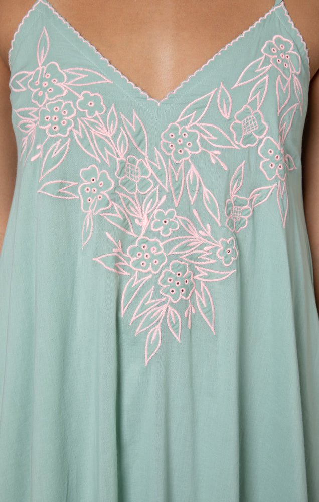 Juliet Dunn Dress Sage & Candy Poplin Midi w/ Flower Embroidery