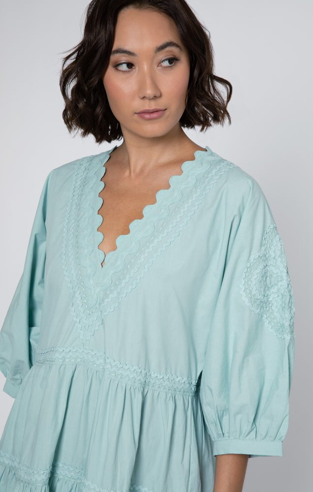 Juliet Dunn Dress Sage Poplin Maxi Dress w/ Ric Rac Embroidery