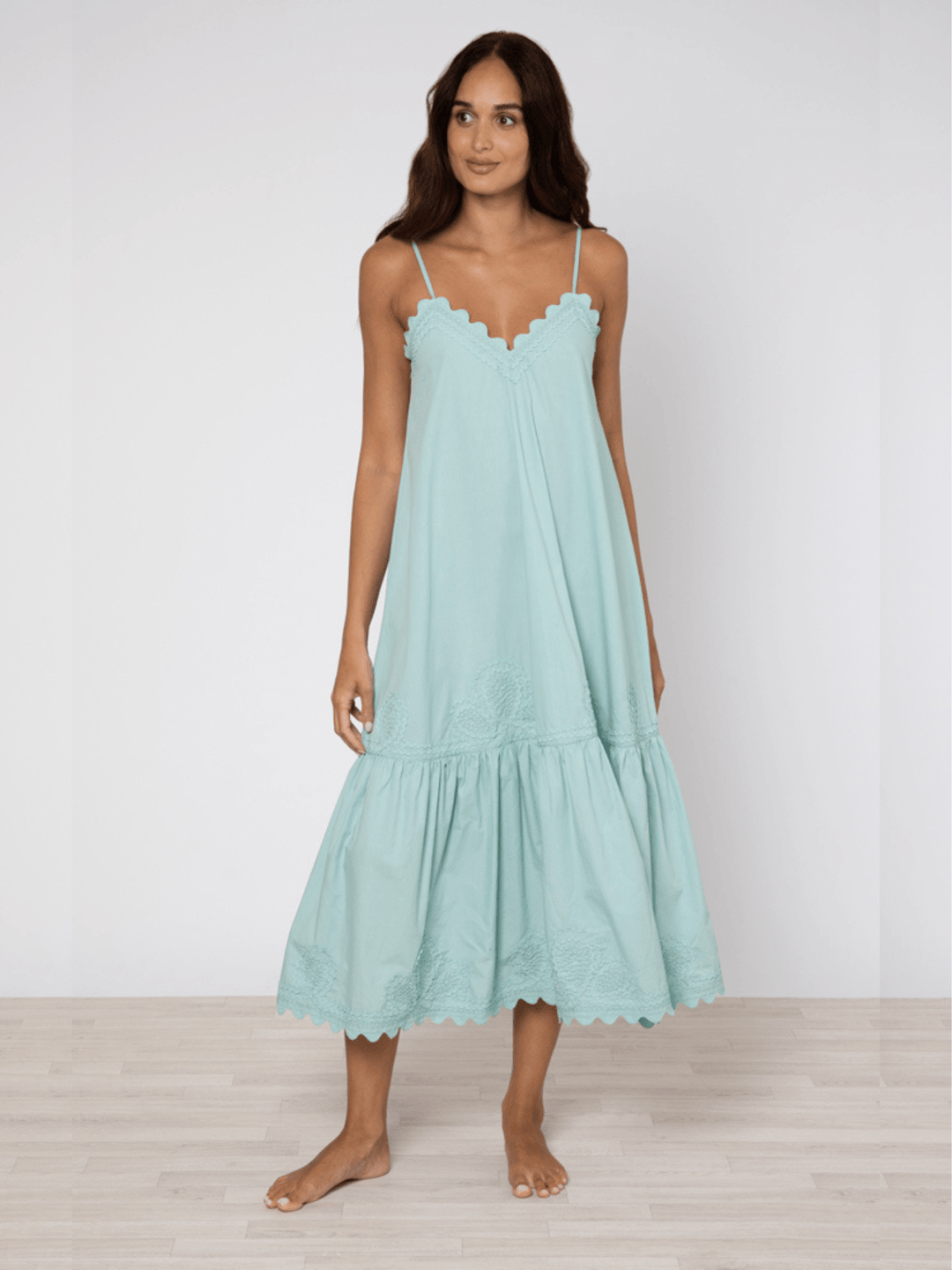 Juliet Dunn Dress Sage Poplin Midi Dress w/ Ric Rac Embroidery