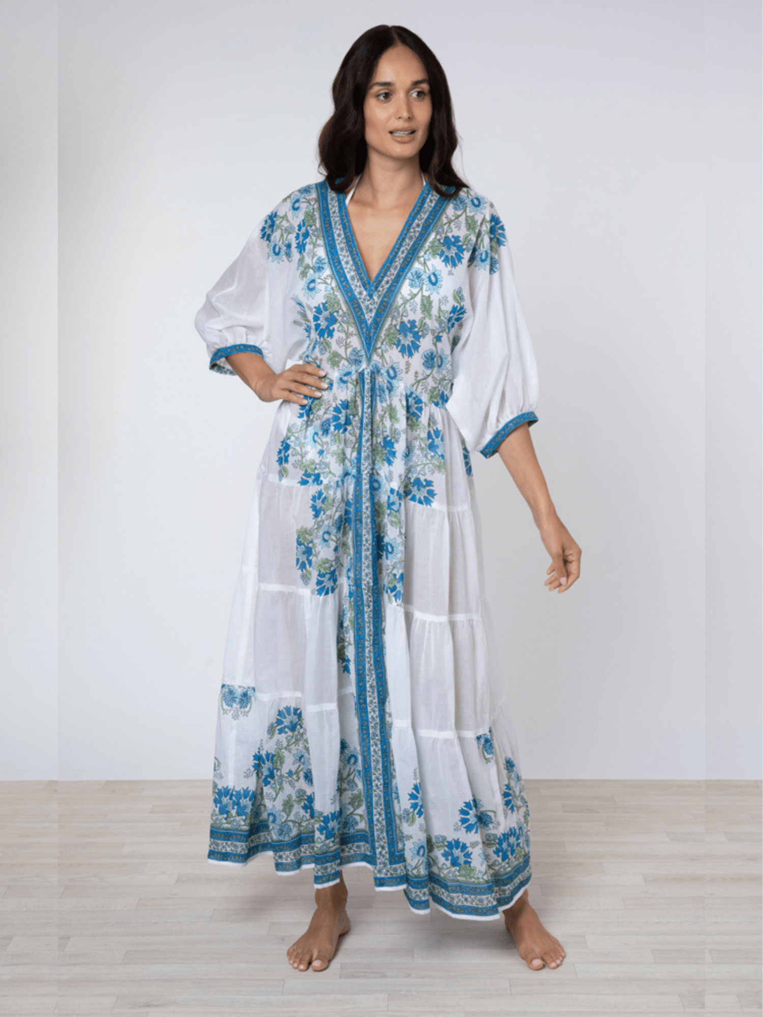 White Blue Aqua Maxi Dress w/ Rose Border Print