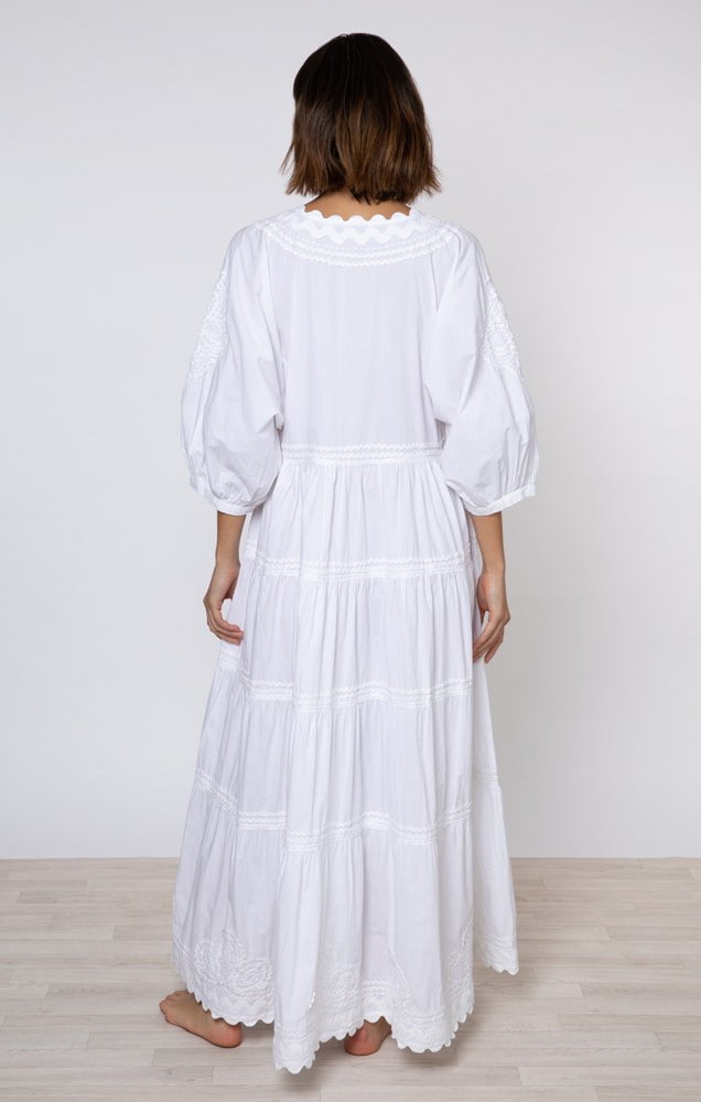 Juliet Dunn Dress White Poplin Maxi Dress w/ Ric Rac Embroidery