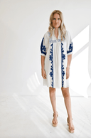 Never A Wallflower Dress High Neck Dress in White & Navy Embroidery