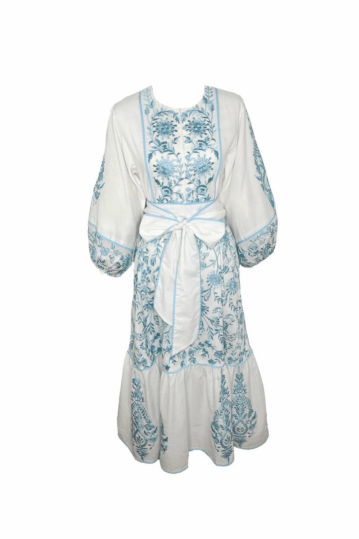 Sue Sartor Dress Jewel Neck Flounce in Ciel/ White Embroidered Sultan Floral