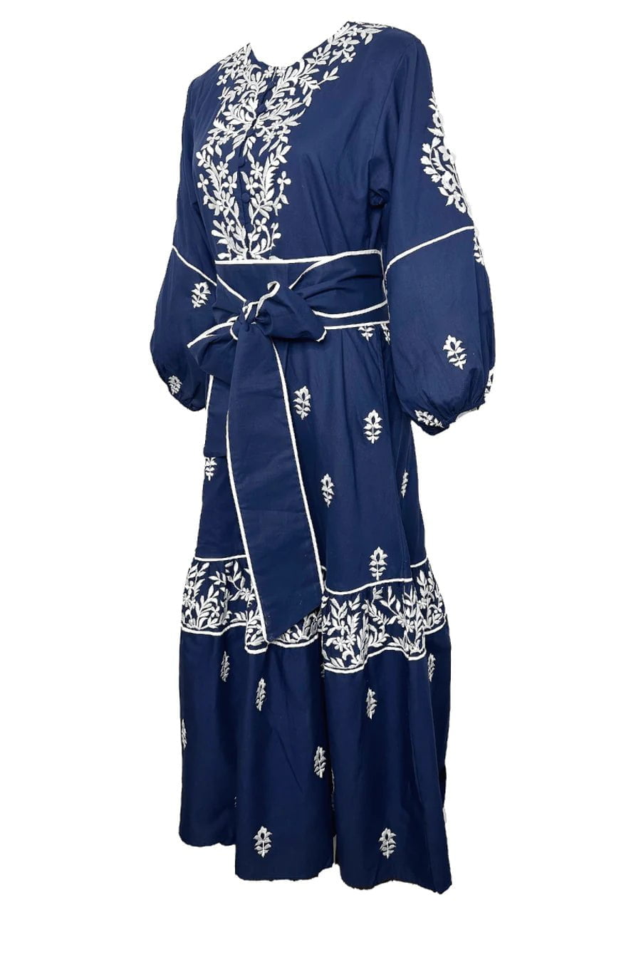 Sue Sartor Dress Jewel Neck Flounce in Navy / White Embroidered Mughal