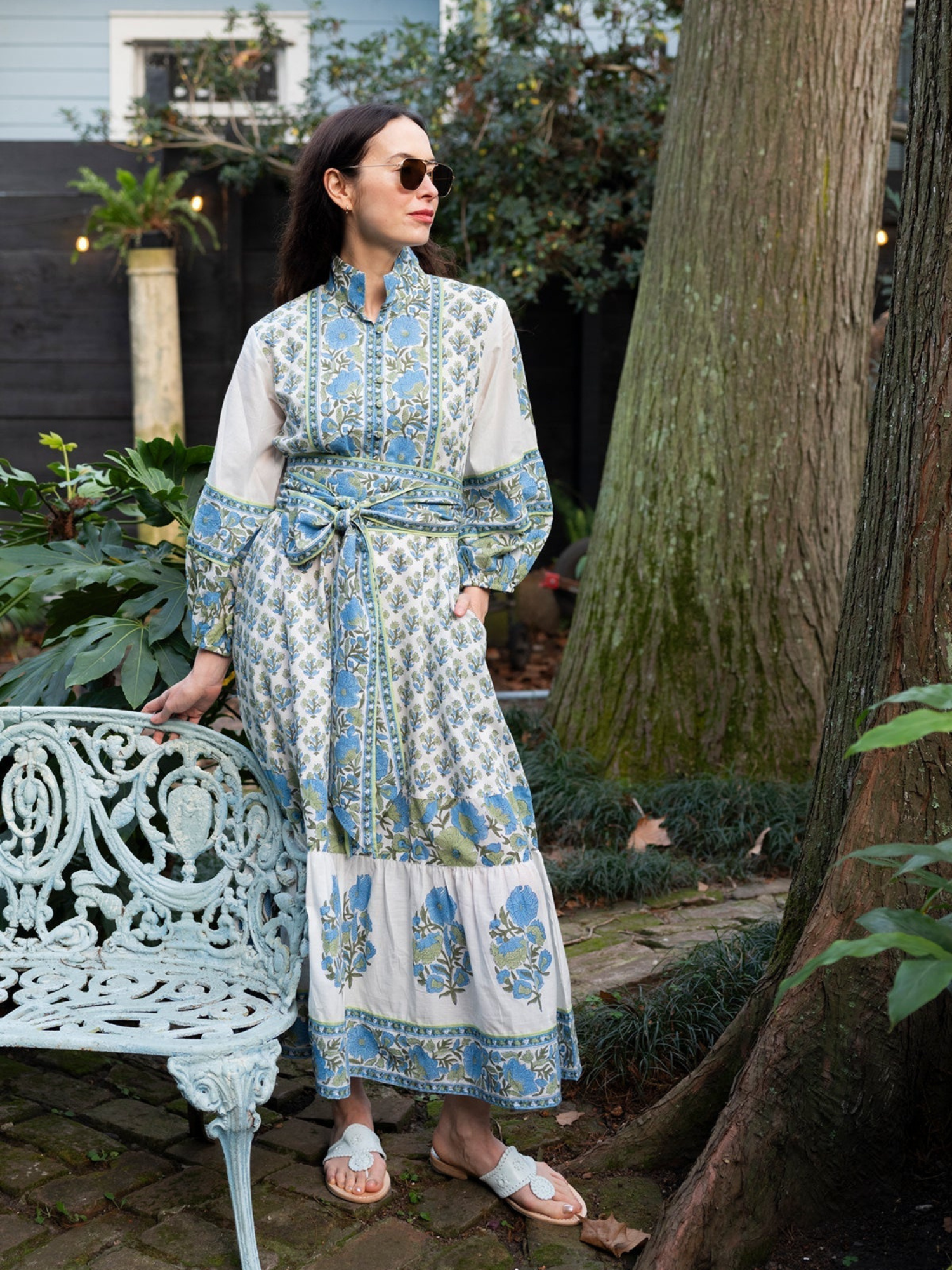 blue vintage style dress SUE SARTOR Flounce | Blue/Thyme Vintage Poppy