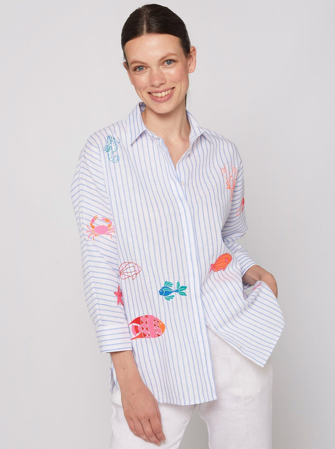Vilagallo Top Louisa Shirt in Embroidered Blue Linen Stripe
