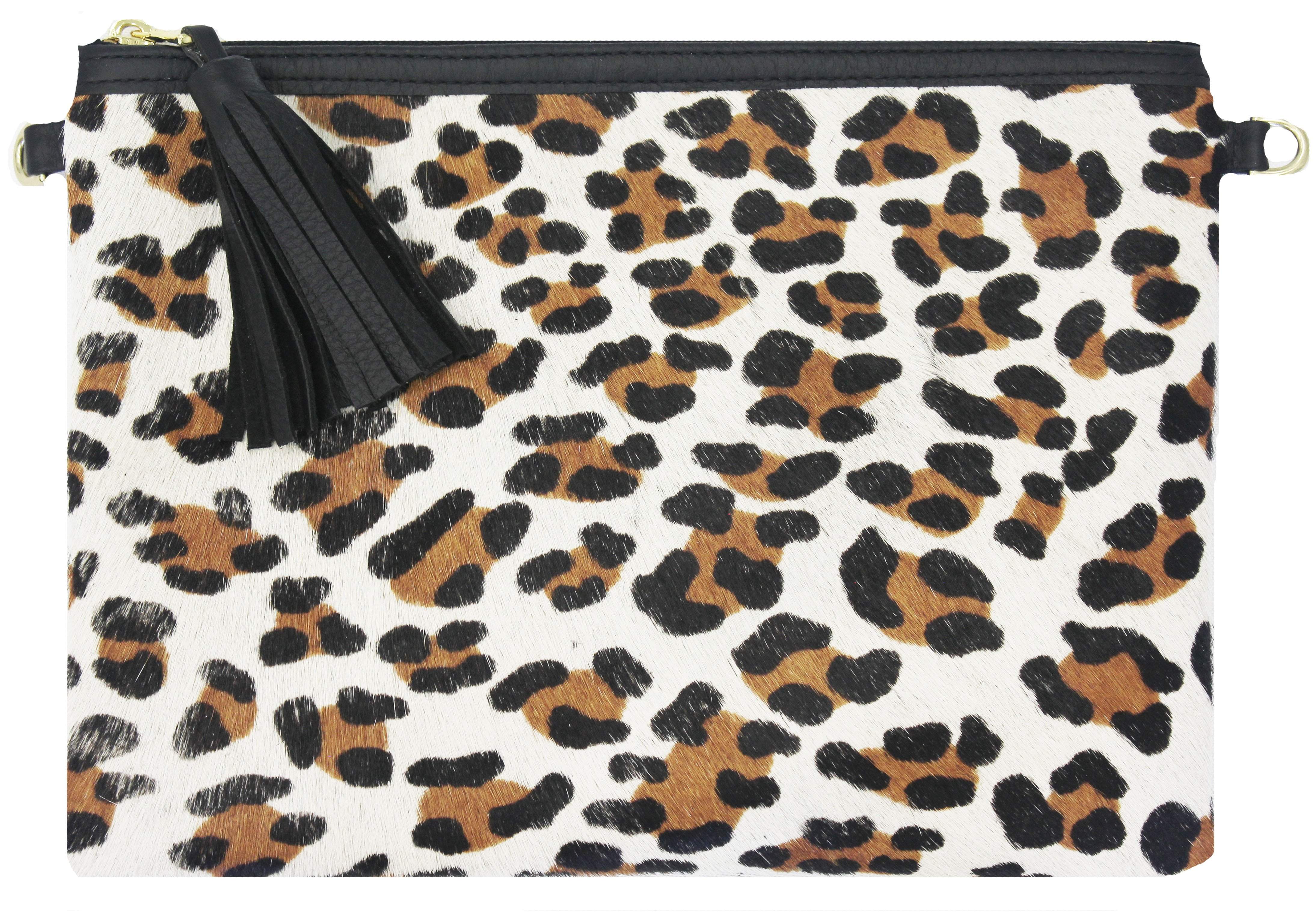 Leopard Hair on Hide Leather Clutch, Versatile 4-way Bag