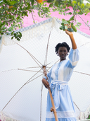 SUE SARTOR Flounce | Blue/White Pinstripe Trellis Lace