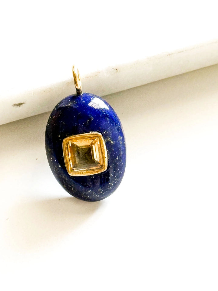 Handcarved Lapis/Bezel Citrine Inlay Pendant Charm