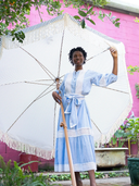 SUE SARTOR Flounce | Blue/White Pinstripe Trellis Lace