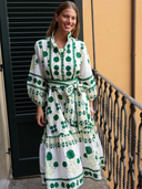 SUE SARTOR Flounce Dress in Emerald Green Marigold