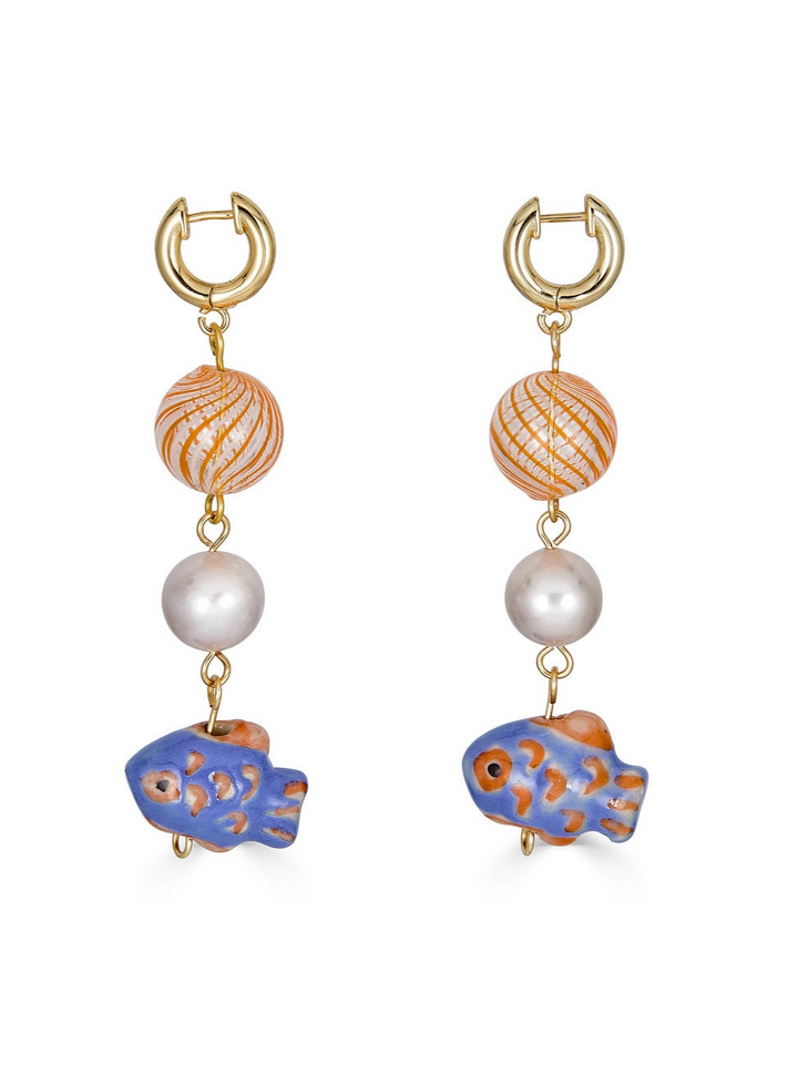 Lana Hand Blown Glass and Freshwater Pearl Fish Earrings