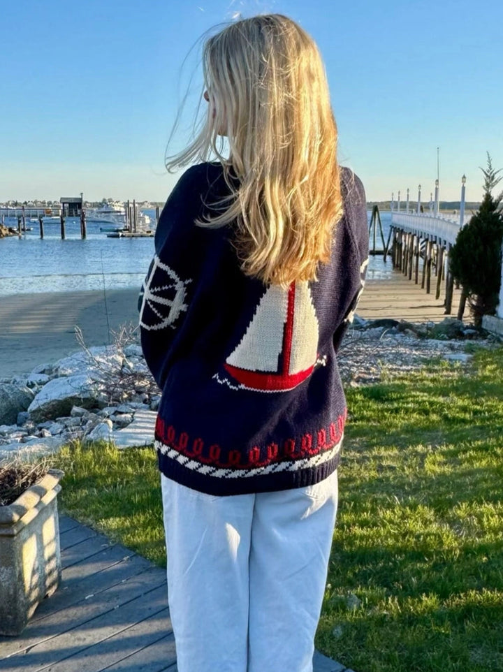 Varsity Coastal Cardigan in Navy/White