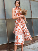 Sleeveless SUE SARTOR Flounce Dress in Terracotta Marigold