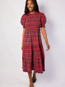 Red Tartan Puff Sleeve Smocked Midi Dress