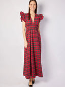 Red Tartan V-Neck Flutter Sleeve Maxi