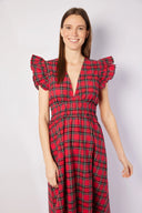 Red Tartan V-Neck Flutter Sleeve Maxi