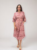 Greta Midi Dress in Pink Bird Blockprint