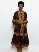 Jewel Neck Flounce Dress in Chocolate/Honey Vintage Lily Embroidery