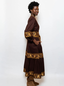 Jewel Neck Flounce Dress in Chocolate/Honey Vintage Lily Embroidery