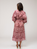 Greta Midi Dress in Pink Bird Blockprint