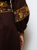 Jewel Neck Flounce Dress in Chocolate/Honey Vintage Lily Embroidery