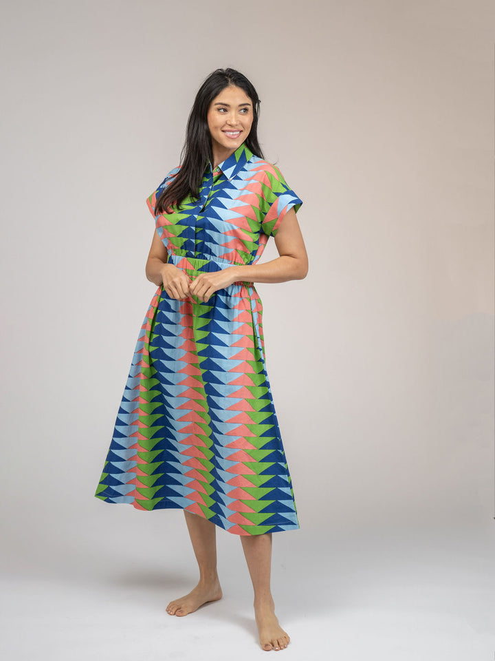 The Lisa Dress | Tropical Blockprint Bagru Triangle