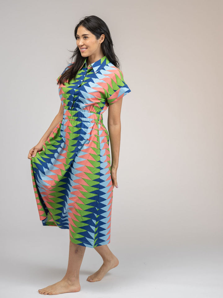 The Lisa Dress | Tropical Blockprint Bagru Triangle