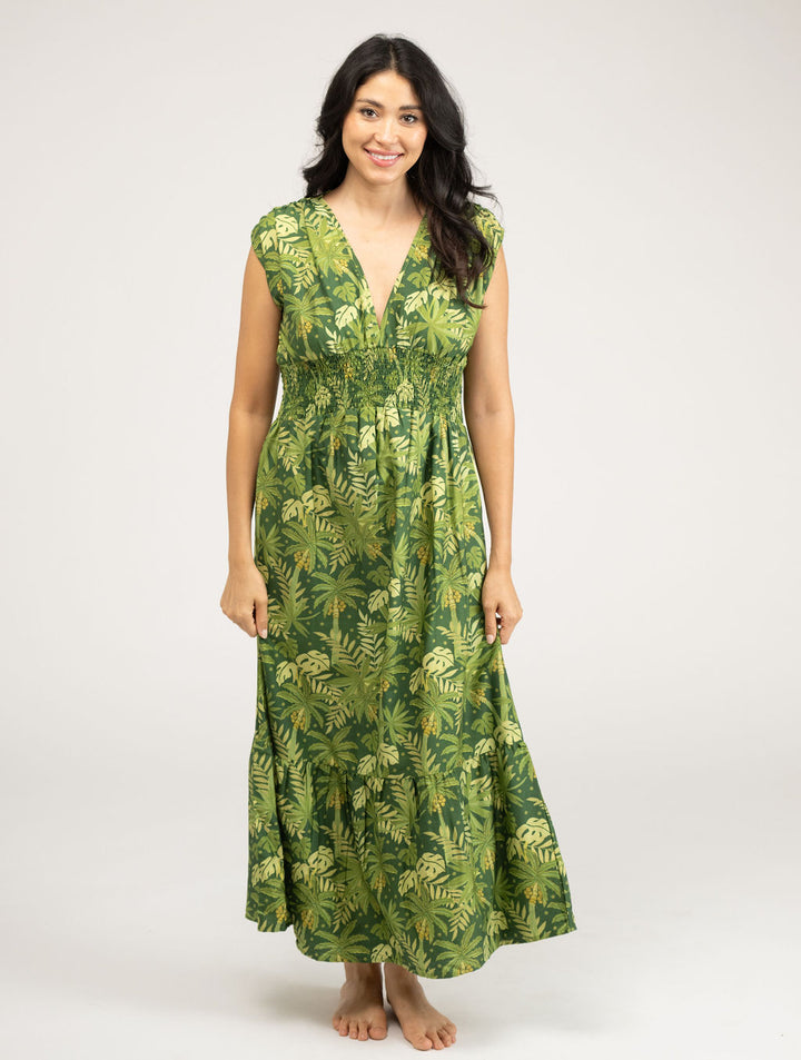 The Lauren Dress | Dark Green Palm Leaf
