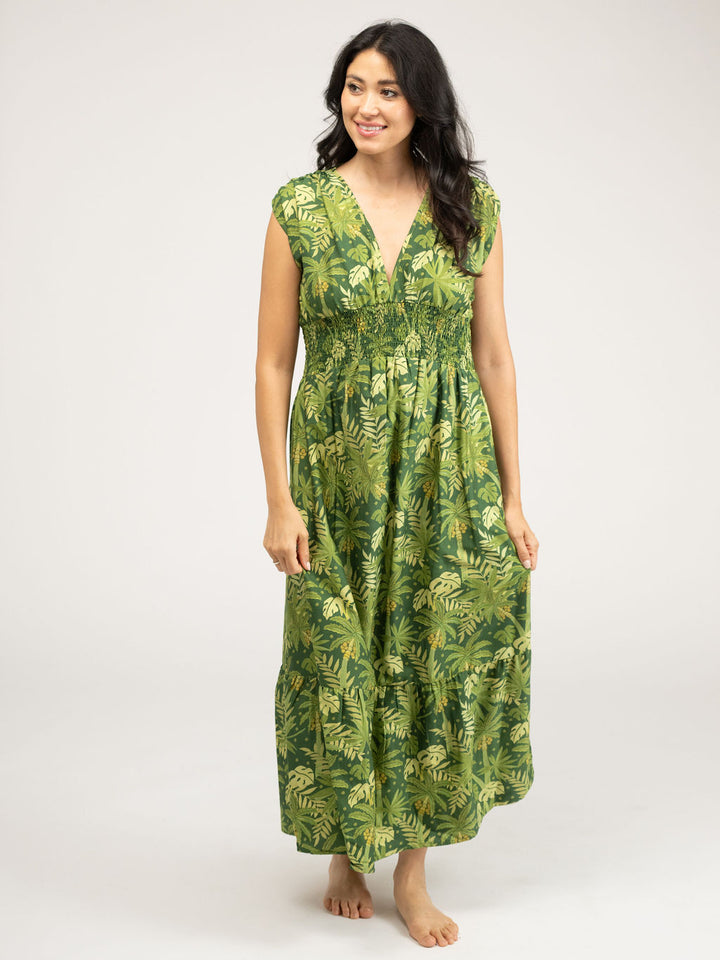 The Lauren Dress | Dark Green Palm Leaf