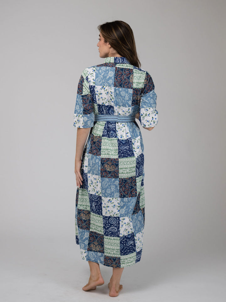 Quilted Maxi Dress in Blue Squares