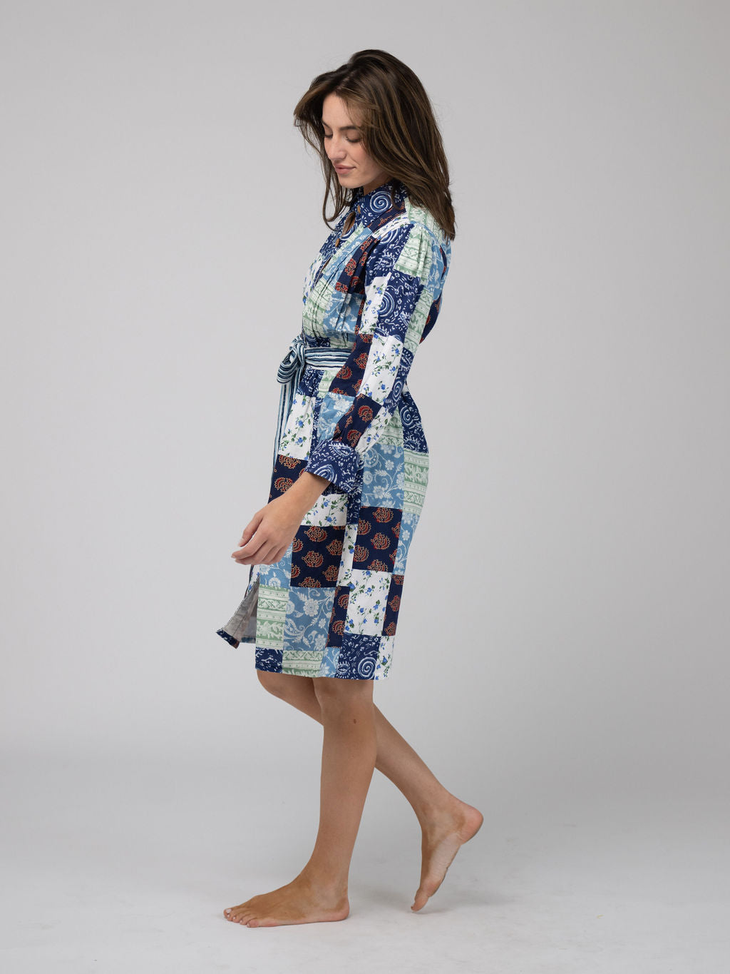 Quilted Midi Shirt Dress in Blue Squares