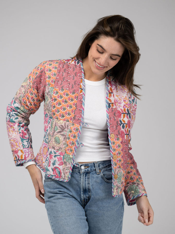 Quilted Cropped Jacket in Pink Patchwork