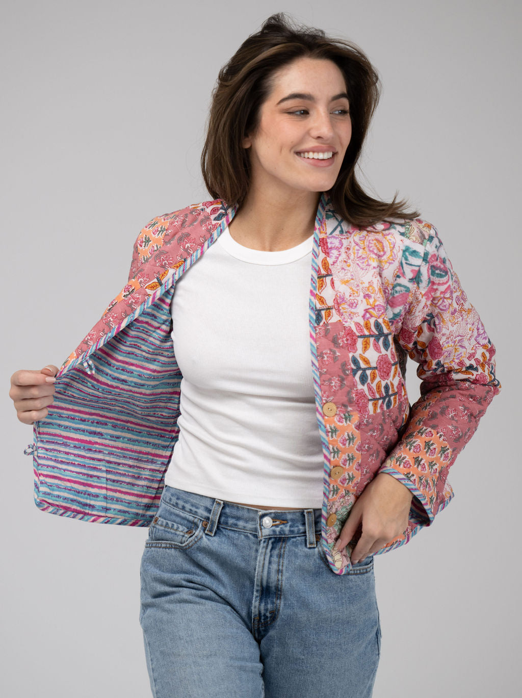 Quilted Cropped Jacket in Pink Patchwork