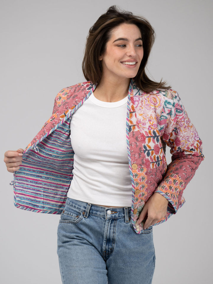 Quilted Cropped Jacket in Pink Patchwork