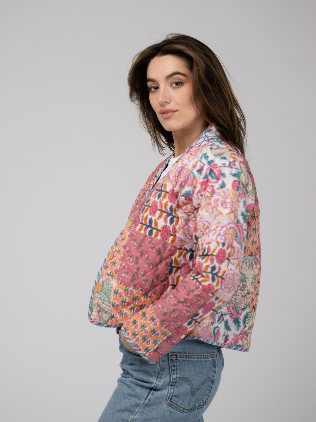 Quilted Cropped Jacket in Pink Patchwork