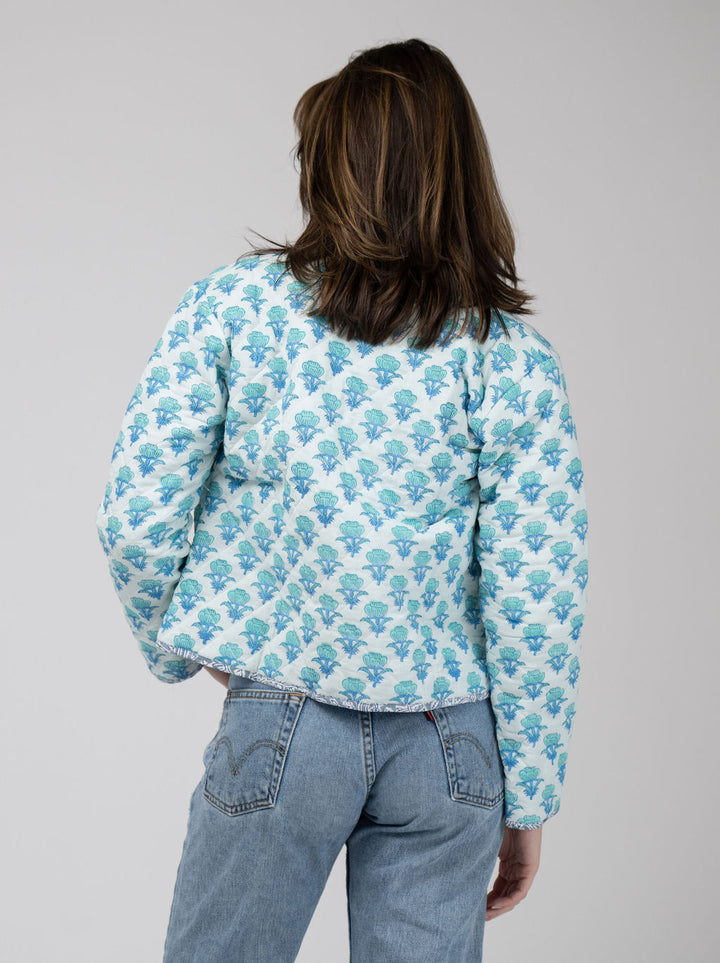 Quilted Cropped Jacket in White / Aqua